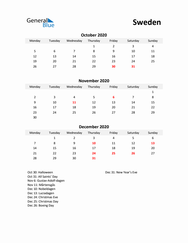 Printable Quarterly Calendar with Notes and Sweden Holidays- Q4 of 2020