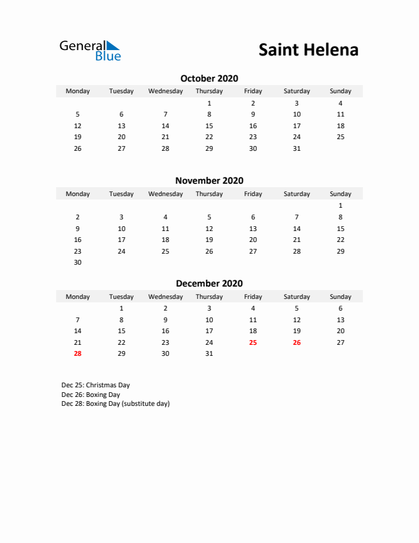 Printable Quarterly Calendar with Notes and Saint Helena Holidays- Q4 of 2020