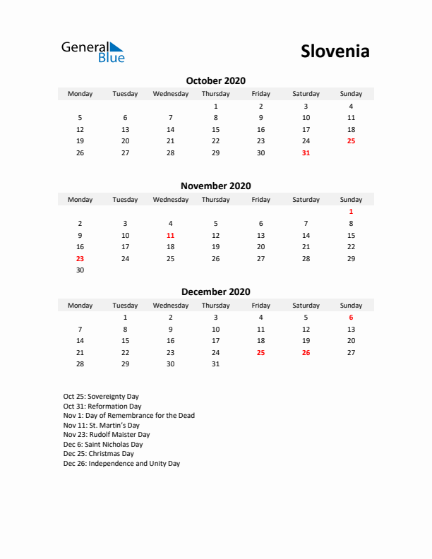 Printable Quarterly Calendar with Notes and Slovenia Holidays- Q4 of 2020