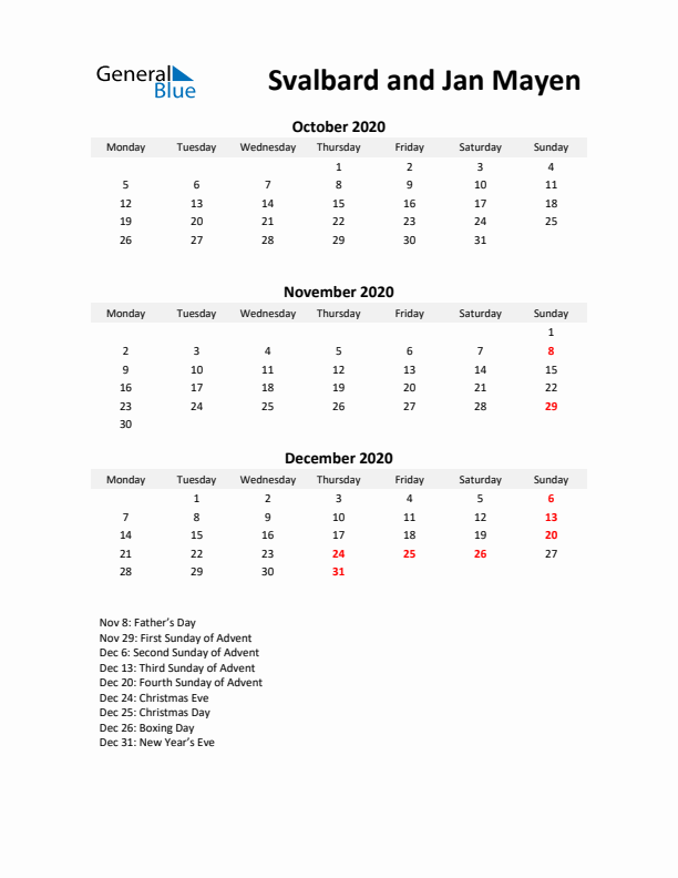 Printable Quarterly Calendar with Notes and Svalbard and Jan Mayen Holidays- Q4 of 2020