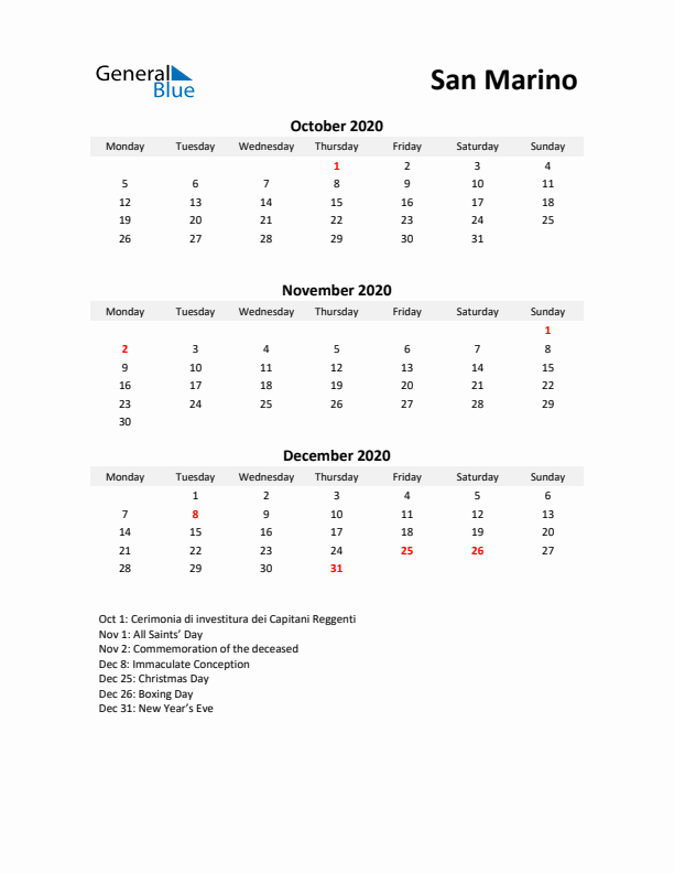 Printable Quarterly Calendar with Notes and San Marino Holidays- Q4 of 2020