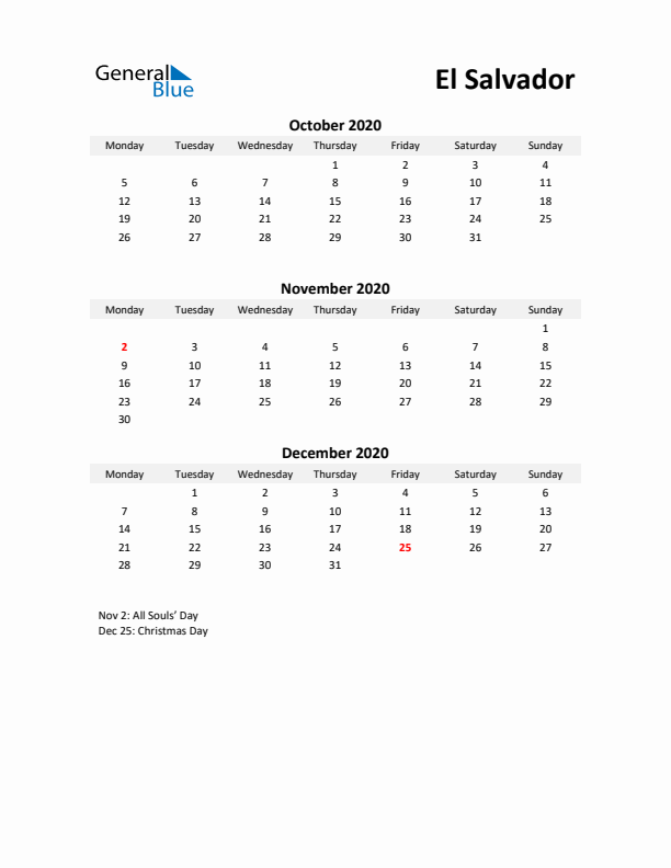 Printable Quarterly Calendar with Notes and El Salvador Holidays- Q4 of 2020