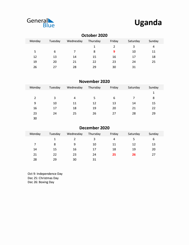 Printable Quarterly Calendar with Notes and Uganda Holidays- Q4 of 2020