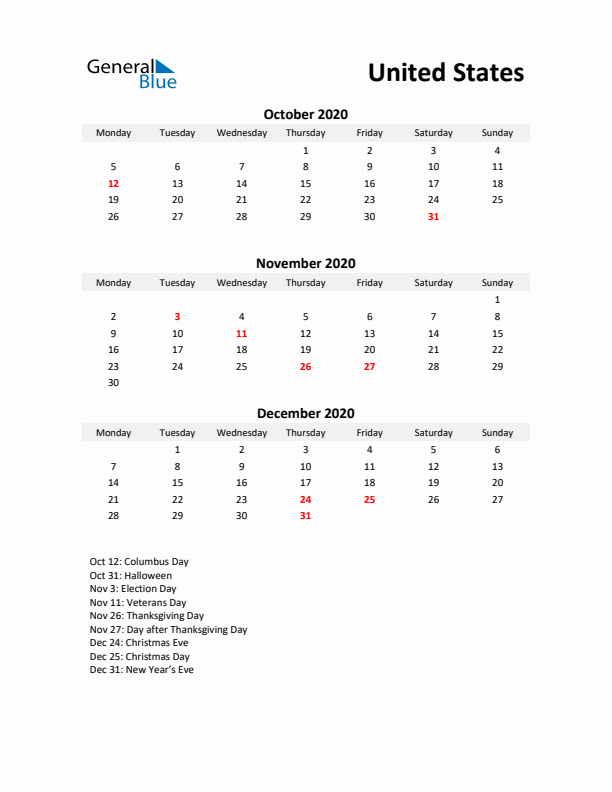 Printable Quarterly Calendar with Notes and United States Holidays- Q4 of 2020