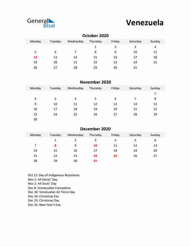 Printable Quarterly Calendar with Notes and Venezuela Holidays- Q4 of 2020