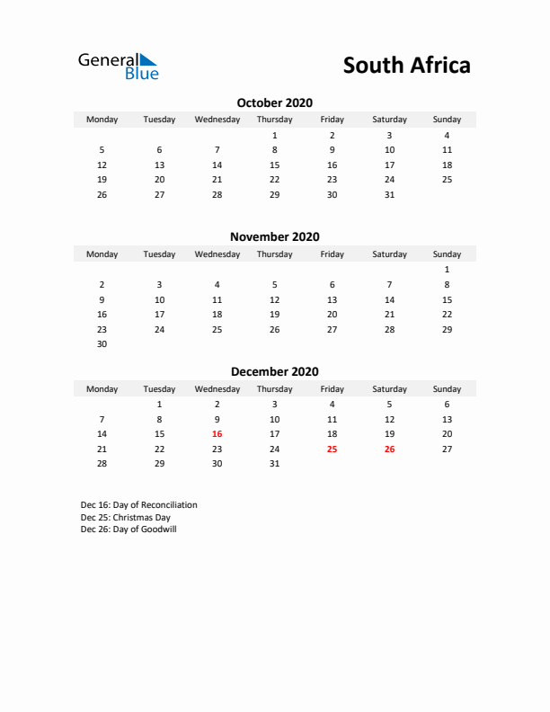 Printable Quarterly Calendar with Notes and South Africa Holidays- Q4 of 2020