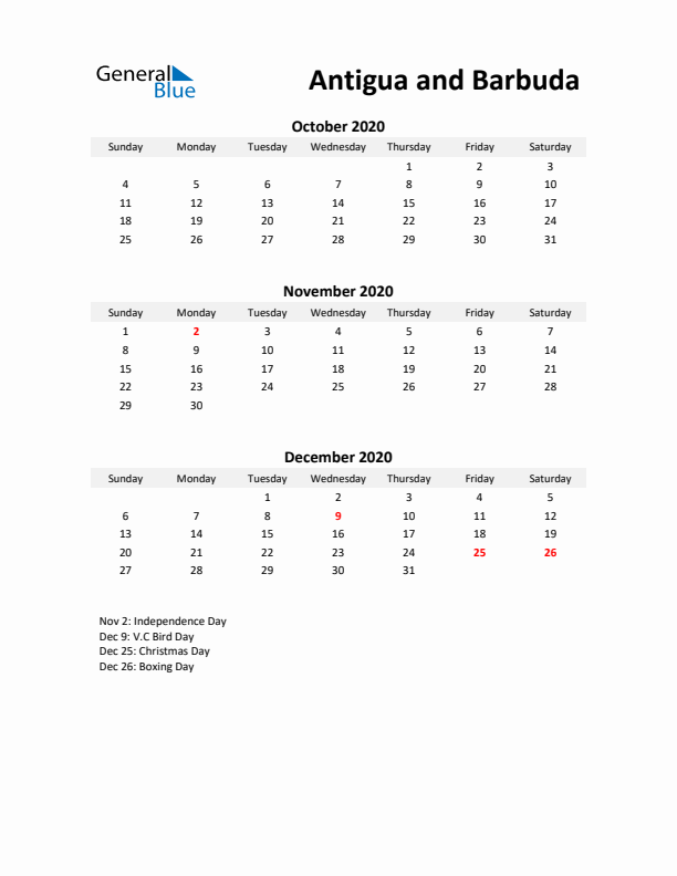 Printable Quarterly Calendar with Notes and Antigua and Barbuda Holidays- Q4 of 2020