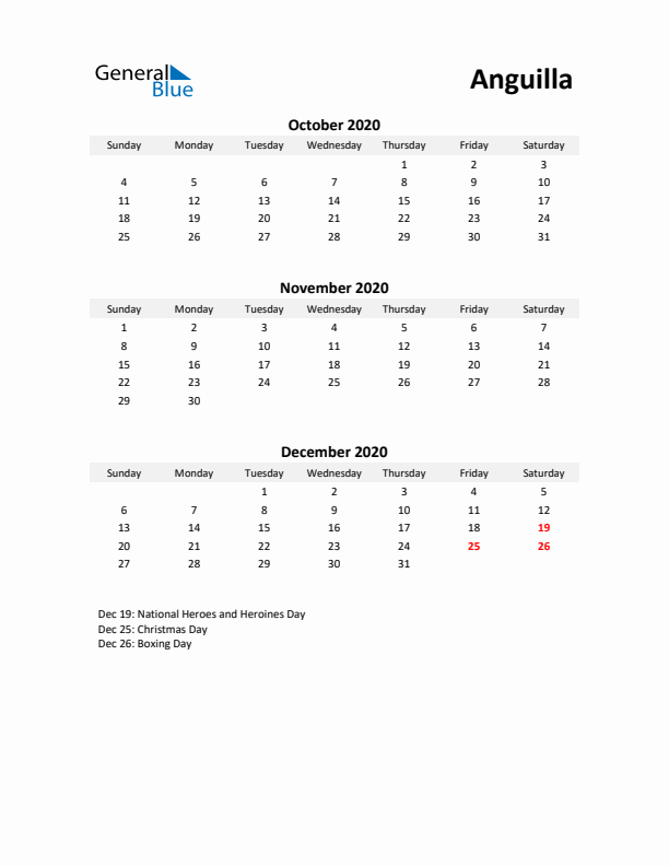 Printable Quarterly Calendar with Notes and Anguilla Holidays- Q4 of 2020