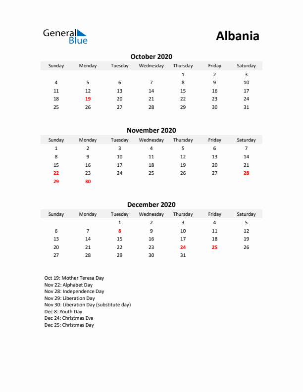 Printable Quarterly Calendar with Notes and Albania Holidays- Q4 of 2020