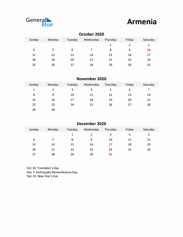 Printable Quarterly Calendar with Notes and Armenia Holidays- Q4 of 2020