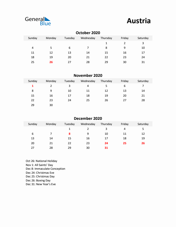 Printable Quarterly Calendar with Notes and Austria Holidays- Q4 of 2020