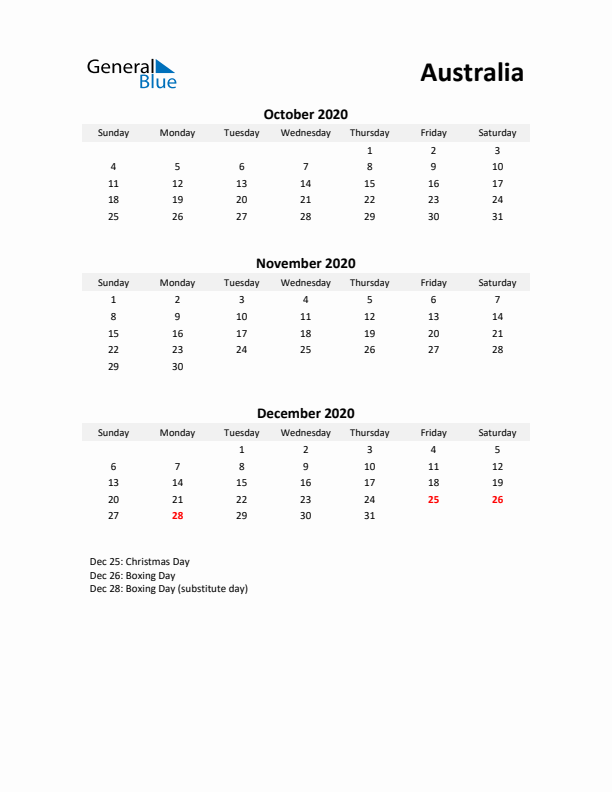 Printable Quarterly Calendar with Notes and Australia Holidays- Q4 of 2020