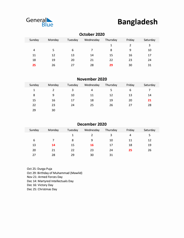 Printable Quarterly Calendar with Notes and Bangladesh Holidays- Q4 of 2020