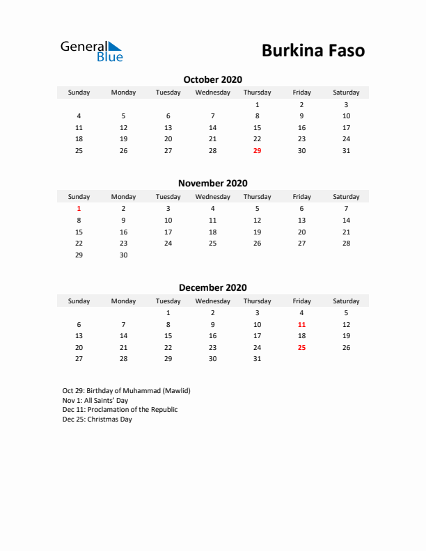 Printable Quarterly Calendar with Notes and Burkina Faso Holidays- Q4 of 2020