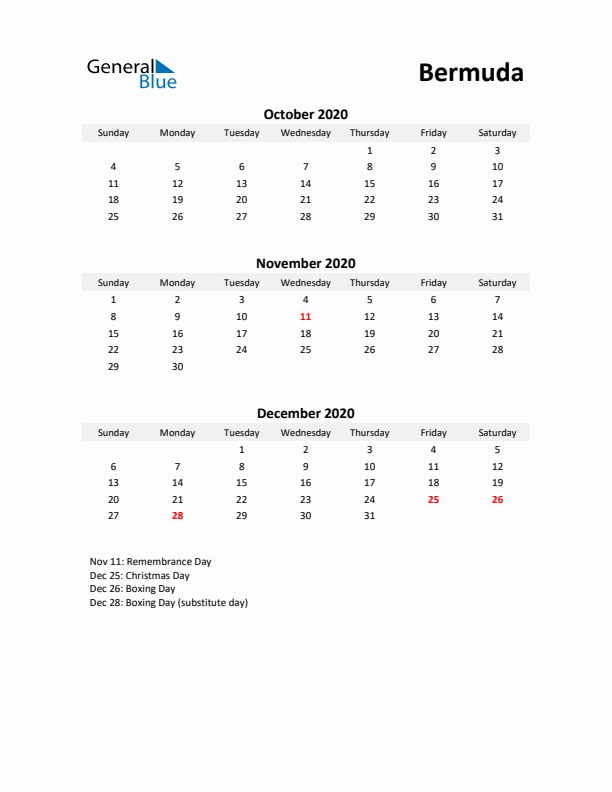 Printable Quarterly Calendar with Notes and Bermuda Holidays- Q4 of 2020