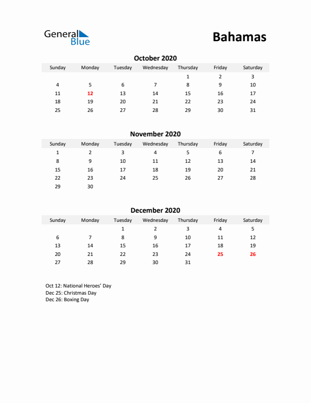 Printable Quarterly Calendar with Notes and Bahamas Holidays- Q4 of 2020