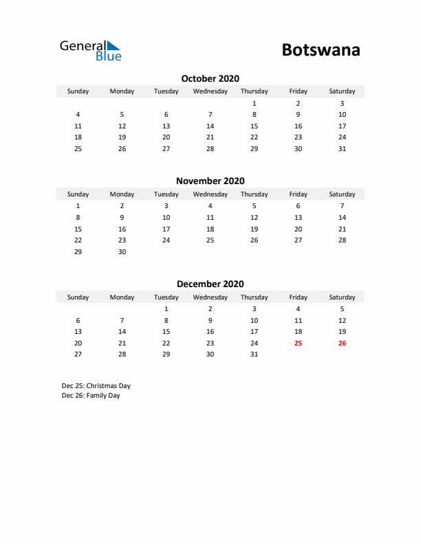 Printable Quarterly Calendar with Notes and Botswana Holidays- Q4 of 2020