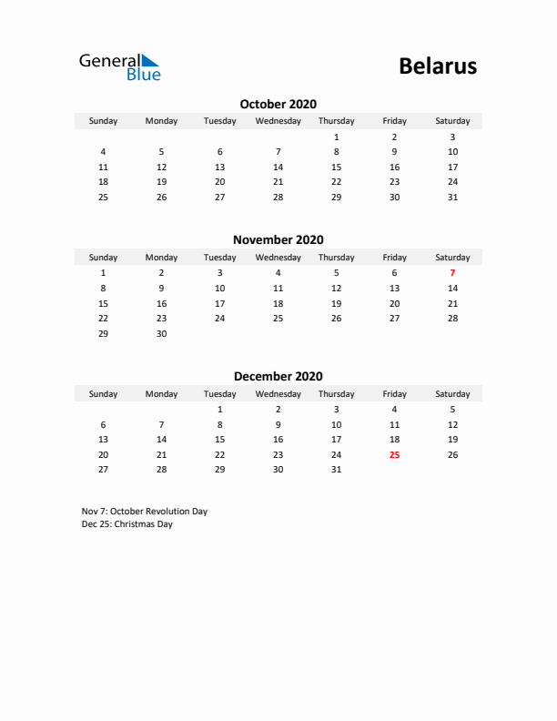 Printable Quarterly Calendar with Notes and Belarus Holidays- Q4 of 2020