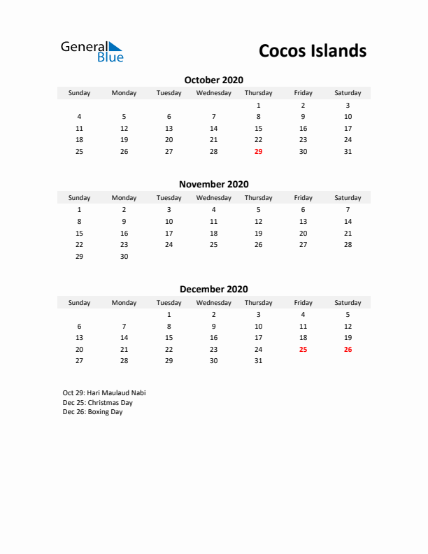 Printable Quarterly Calendar with Notes and Cocos Islands Holidays- Q4 of 2020