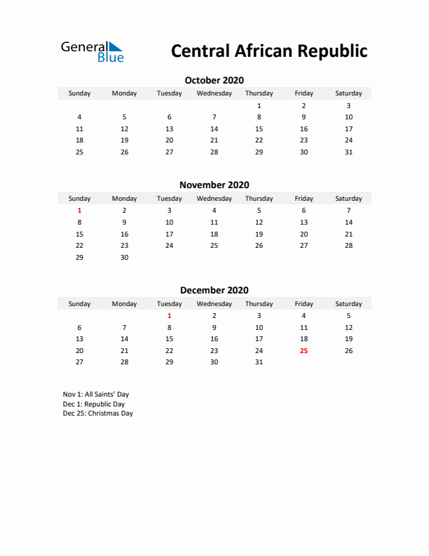 Printable Quarterly Calendar with Notes and Central African Republic Holidays- Q4 of 2020