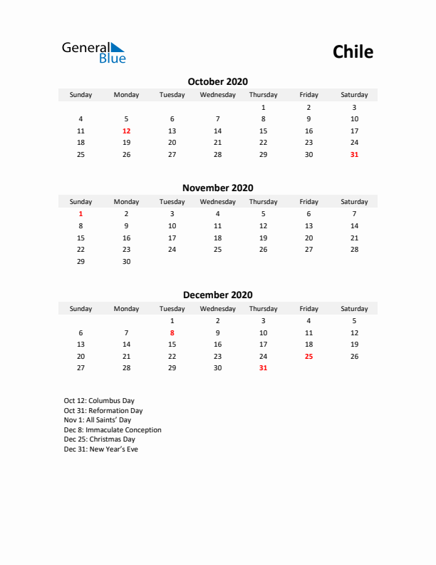 Printable Quarterly Calendar with Notes and Chile Holidays- Q4 of 2020