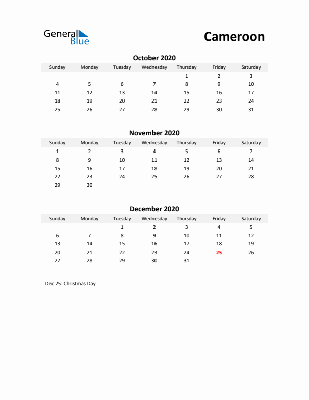 Printable Quarterly Calendar with Notes and Cameroon Holidays- Q4 of 2020