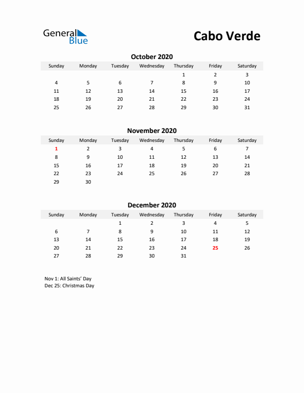 Printable Quarterly Calendar with Notes and Cabo Verde Holidays- Q4 of 2020