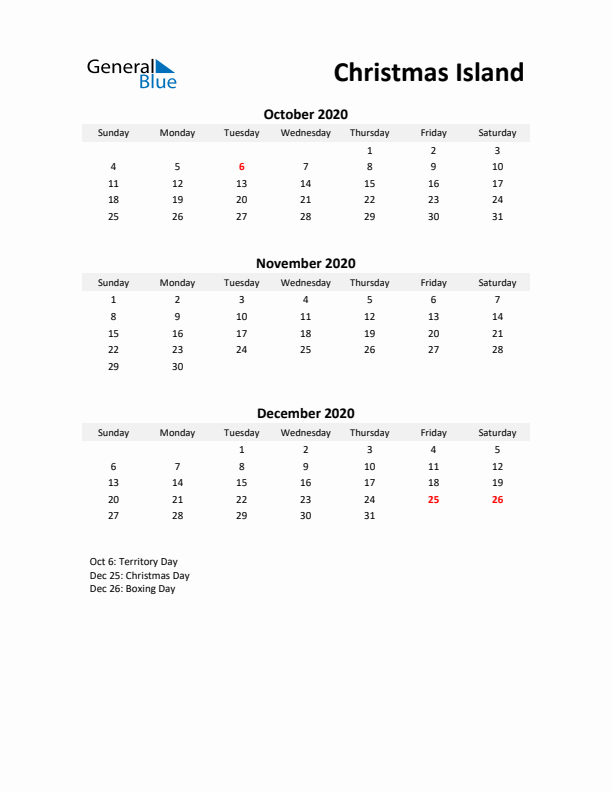 Printable Quarterly Calendar with Notes and Christmas Island Holidays- Q4 of 2020