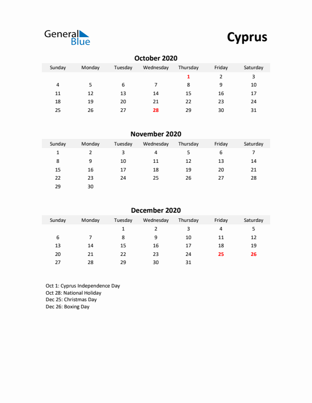 Printable Quarterly Calendar with Notes and Cyprus Holidays- Q4 of 2020