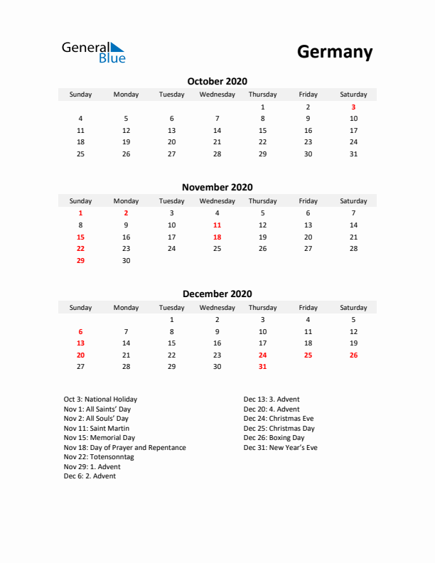 Printable Quarterly Calendar with Notes and Germany Holidays- Q4 of 2020