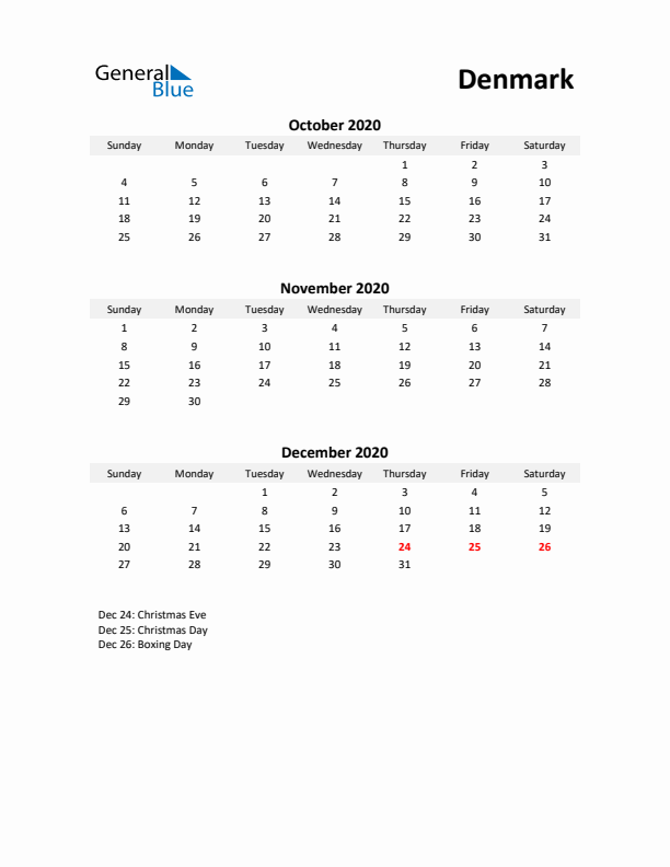 Printable Quarterly Calendar with Notes and Denmark Holidays- Q4 of 2020