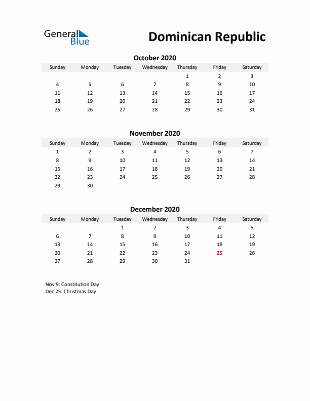 Printable Quarterly Calendar with Notes and Dominican Republic Holidays- Q4 of 2020