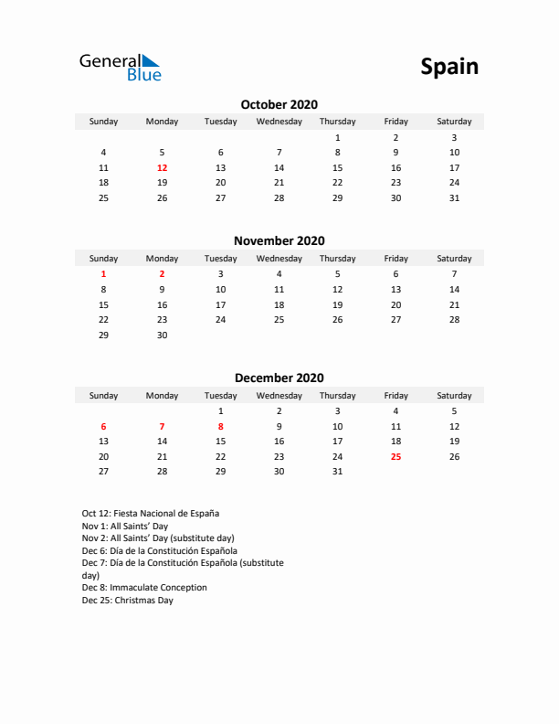 Printable Quarterly Calendar with Notes and Spain Holidays- Q4 of 2020