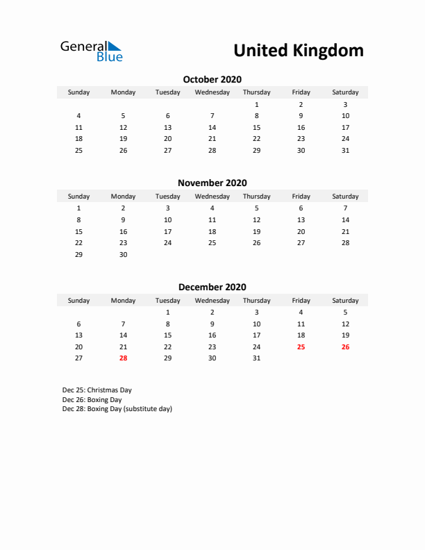 Printable Quarterly Calendar with Notes and United Kingdom Holidays- Q4 of 2020