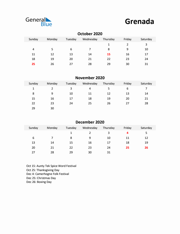 Printable Quarterly Calendar with Notes and Grenada Holidays- Q4 of 2020