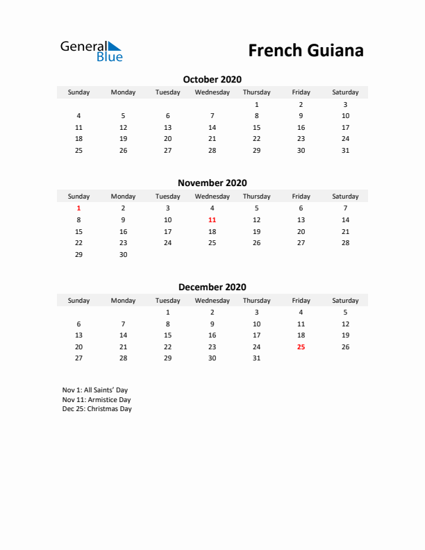 Printable Quarterly Calendar with Notes and French Guiana Holidays- Q4 of 2020