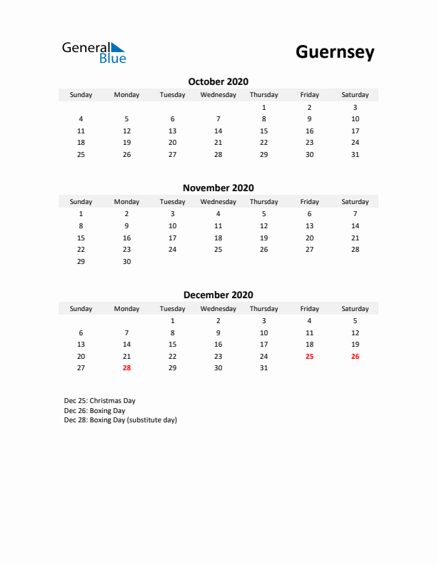 Printable Quarterly Calendar with Notes and Guernsey Holidays- Q4 of 2020