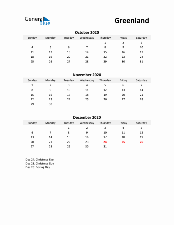 Printable Quarterly Calendar with Notes and Greenland Holidays- Q4 of 2020