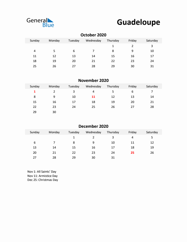 Printable Quarterly Calendar with Notes and Guadeloupe Holidays- Q4 of 2020