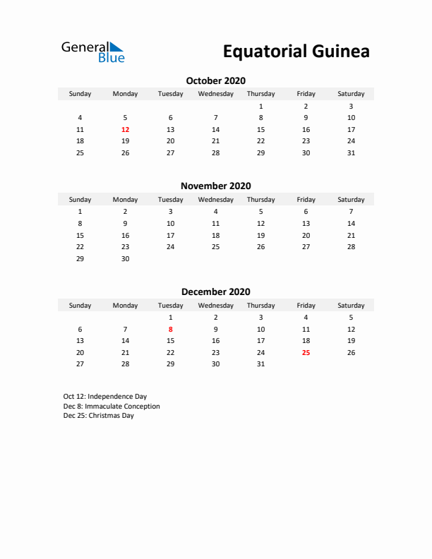 Printable Quarterly Calendar with Notes and Equatorial Guinea Holidays- Q4 of 2020