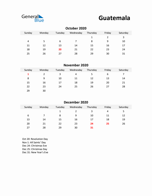 Printable Quarterly Calendar with Notes and Guatemala Holidays- Q4 of 2020