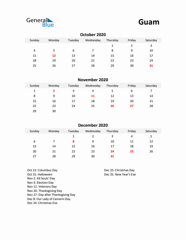 Printable Quarterly Calendar with Notes and Guam Holidays- Q4 of 2020