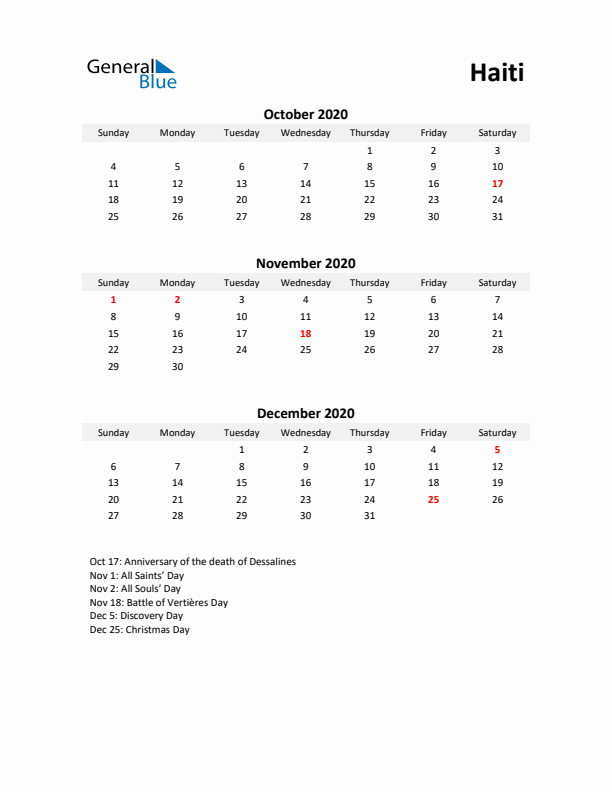 Printable Quarterly Calendar with Notes and Haiti Holidays- Q4 of 2020