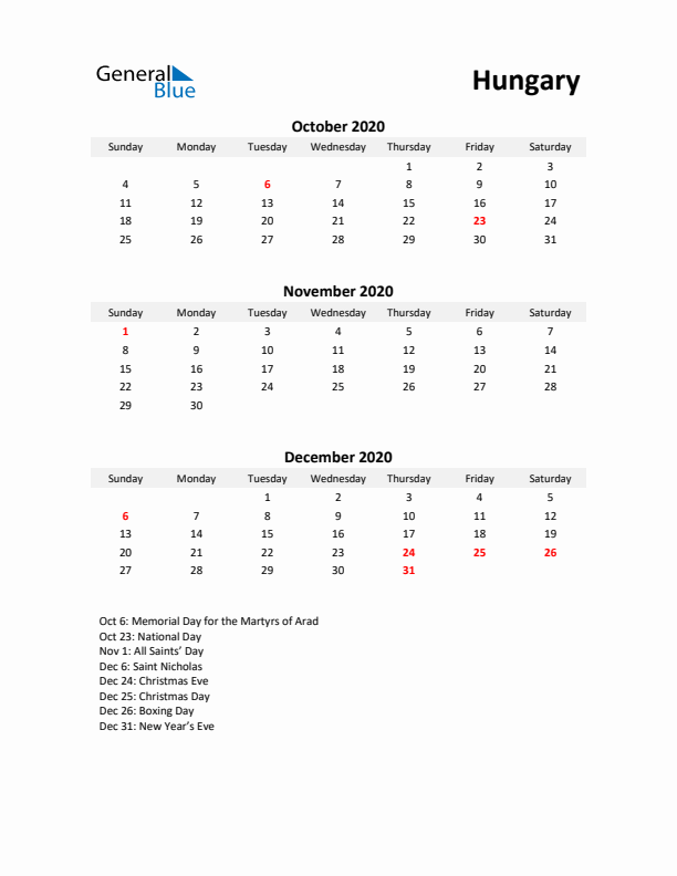 Printable Quarterly Calendar with Notes and Hungary Holidays- Q4 of 2020