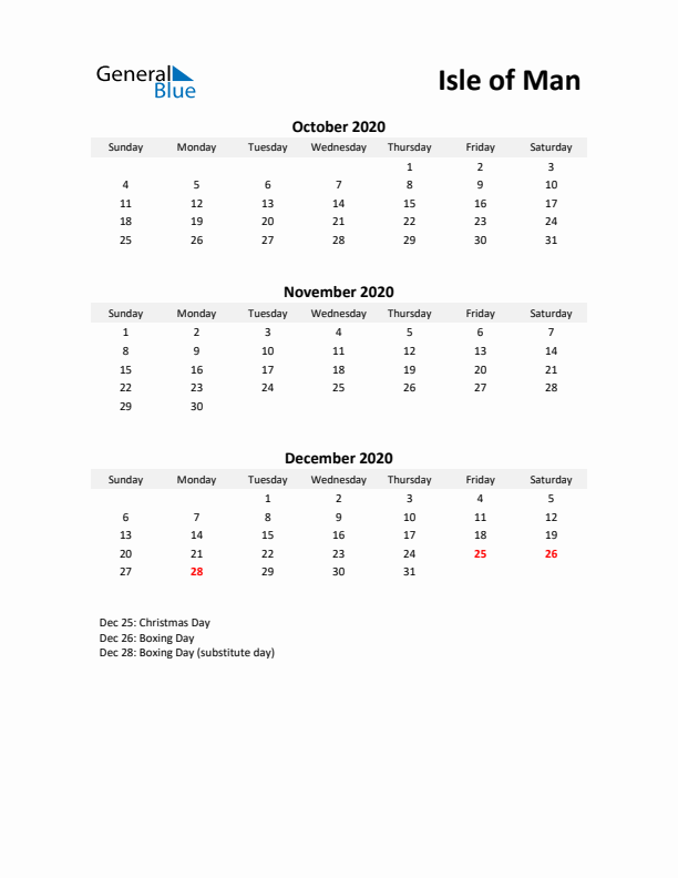 Printable Quarterly Calendar with Notes and Isle of Man Holidays- Q4 of 2020