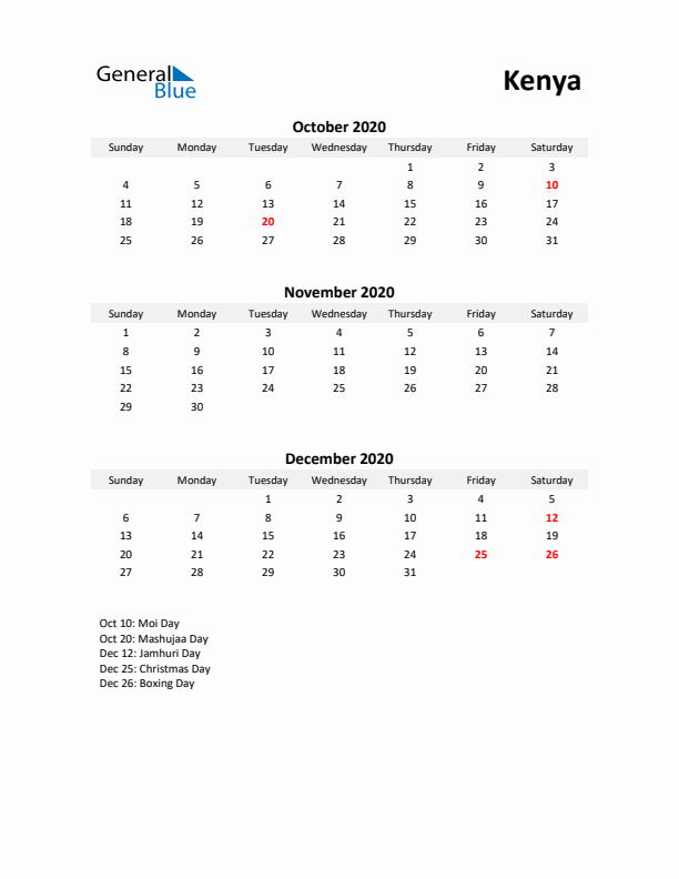 Printable Quarterly Calendar with Notes and Kenya Holidays- Q4 of 2020