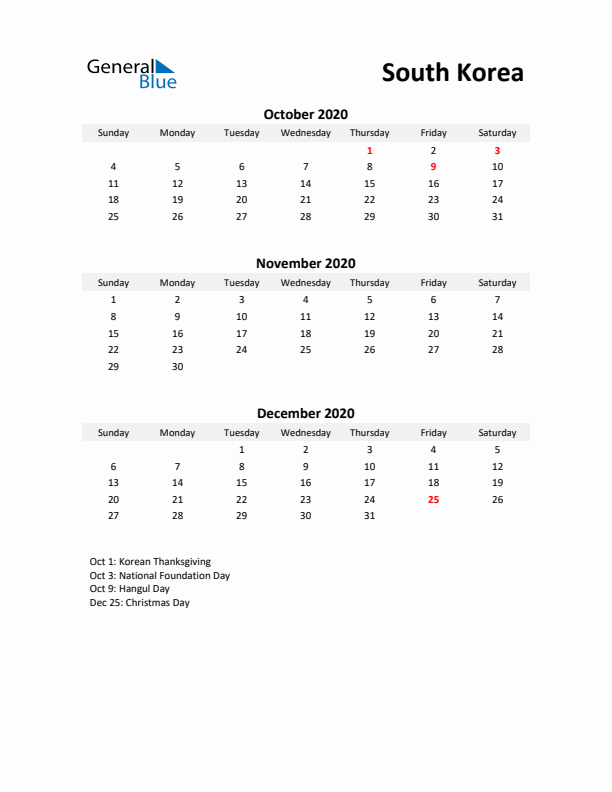 Printable Quarterly Calendar with Notes and South Korea Holidays- Q4 of 2020