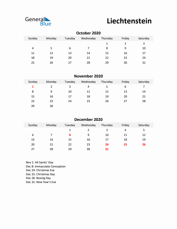 Printable Quarterly Calendar with Notes and Liechtenstein Holidays- Q4 of 2020