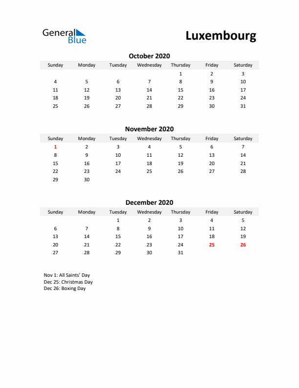 Printable Quarterly Calendar with Notes and Luxembourg Holidays- Q4 of 2020