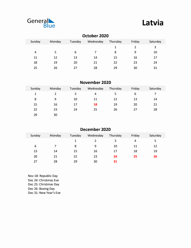 Printable Quarterly Calendar with Notes and Latvia Holidays- Q4 of 2020